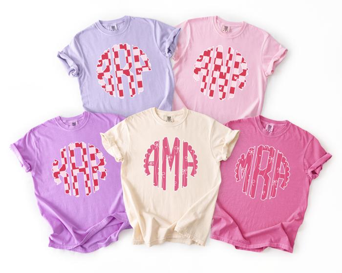 Custom Monogram Comfort Colors T-Shirt, Personalized Initial Tee, Heart or Bow Pattern, Gift for Her, Spring Pastel Colors