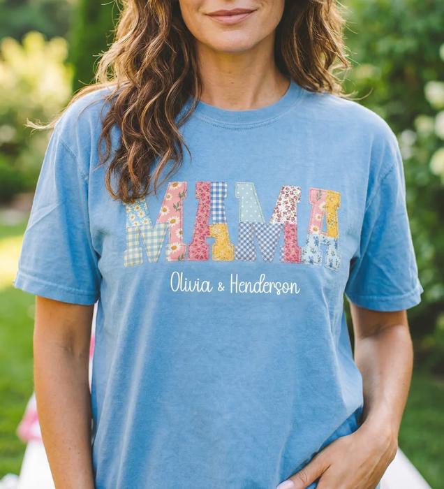 Mama Nana Mimi Gigi Memaw Faux Patchwork Graphic Tee, Patchwork Printed Design Shirt, Personalized Name Grandma Shirt, Custom Mom Tee