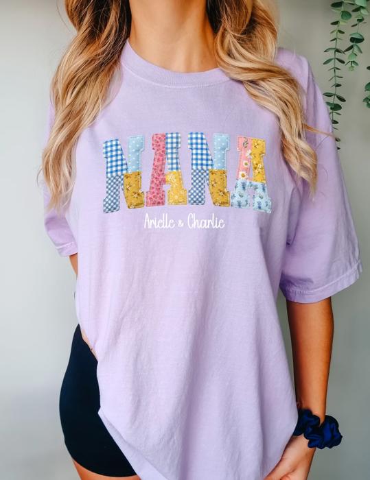 Mama Nana Mimi Gigi Memaw Faux Patchwork Graphic Tee, Patchwork Printed Design Shirt, Personalized Name Grandma Shirt, Custom Mom Tee