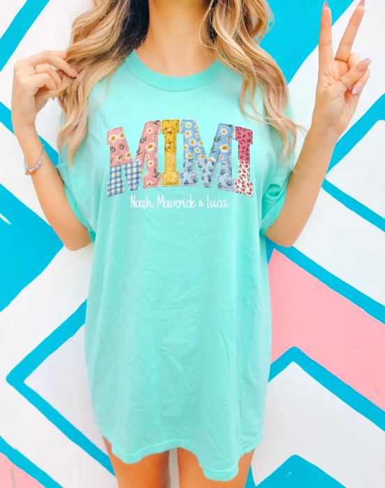 Mama Nana Mimi Gigi Memaw Faux Patchwork Graphic Tee, Patchwork Printed Design Shirt, Personalized Name Grandma Shirt, Custom Mom Tee