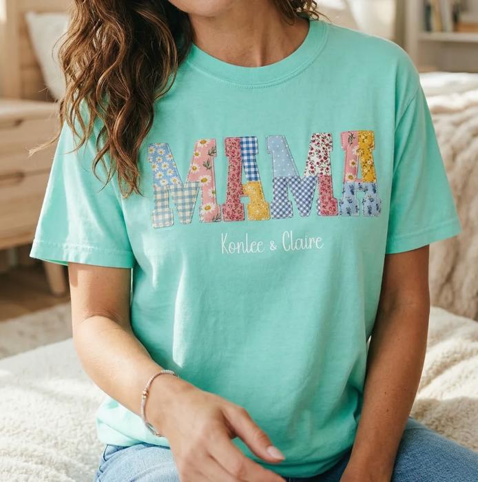 Mama Nana Mimi Gigi Memaw Faux Patchwork Graphic Tee, Patchwork Printed Design Shirt, Personalized Name Grandma Shirt, Custom Mom Tee