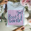  Book Lover Striped Graphic Tee, Coquette Bookish Shirt, Reader Aesthetic Tee, Librarian Gift for Her, Bookworm Outfit