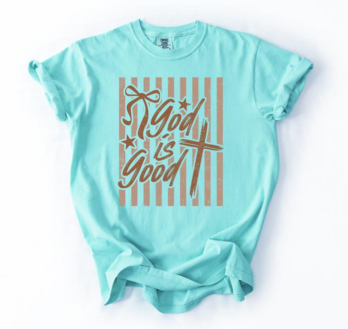 God is Good Striped Graphic Tee, Coquette Christian Shirt, Faith Based Tee, Church Outfit, Religious Gift for Women, Inspirational Tee, Christian Gift Idea