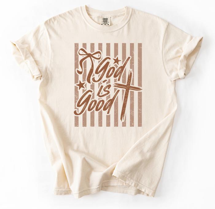 God is Good Striped Graphic Tee, Coquette Christian Shirt, Faith Based Tee, Church Outfit, Religious Gift for Women, Inspirational Tee, Christian Gift Idea
