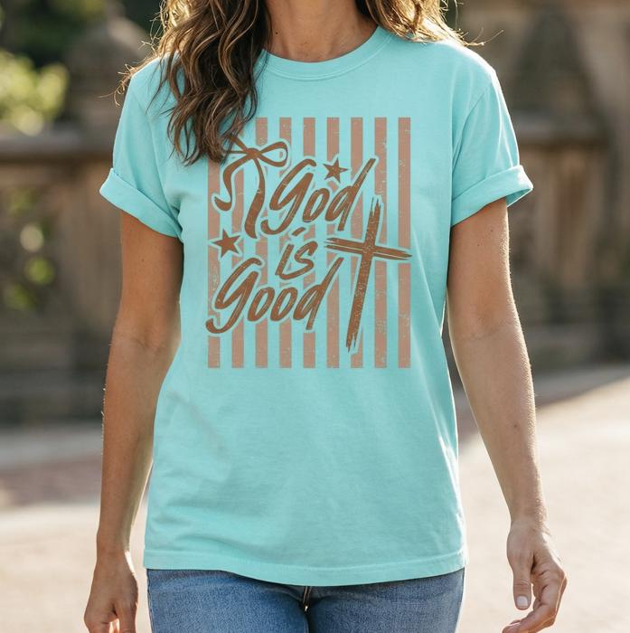 God is Good Striped Graphic Tee, Coquette Christian Shirt, Faith Based Tee, Church Outfit, Religious Gift for Women, Inspirational Tee, Christian Gift Idea