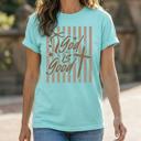  God is Good Striped Graphic Tee, Coquette Christian Shirt, Faith Based Tee, Church Outfit, Religious Gift for Women, Inspirational Tee, Christian Gift Idea