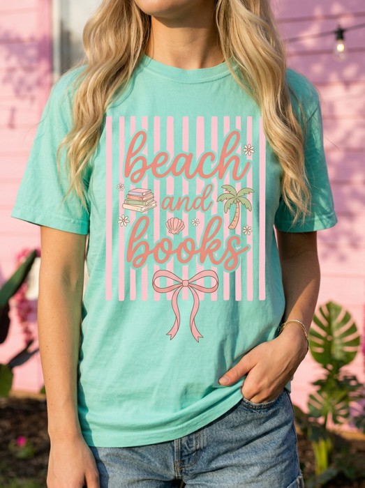 Beach and Books Graphic Tee, Bookish Bow Tee, Coquette Reader Shirt,  Book Lover Beach Outfit, Gift for Her, Vacation Reading Shirt, Summer Bookworm Tee
