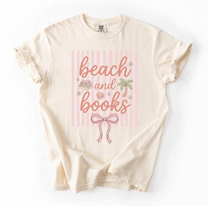 Beach and Books Graphic Tee, Bookish Bow Tee, Coquette Reader Shirt,  Book Lover Beach Outfit, Gift for Her, Vacation Reading Shirt, Summer Bookworm Tee