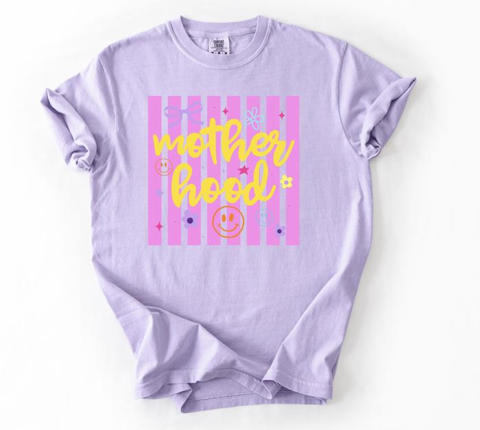 Motherhood Retro Striped Graphic Tee, Cute Mama Shirt, Mother's Day Gift for Her, Mom Outfit, New Mom Gift,  Best Mama Tee, Mom Life Shirt
