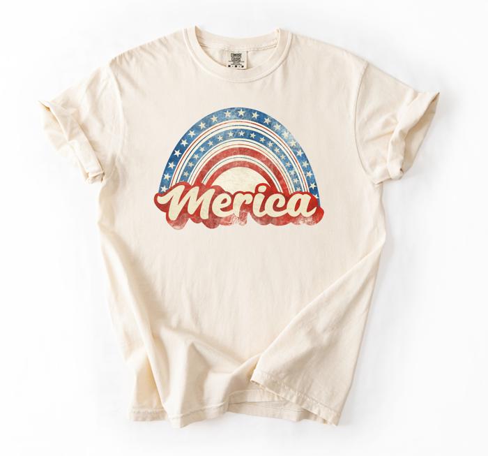 Merica Rainbow Graphic Tee, Fourth of July Shirt, Patriotic Rainbow Tee, USA Pride Outfit, Independence Day Shirt, Gift for Her, Summer Patriotic Shirt