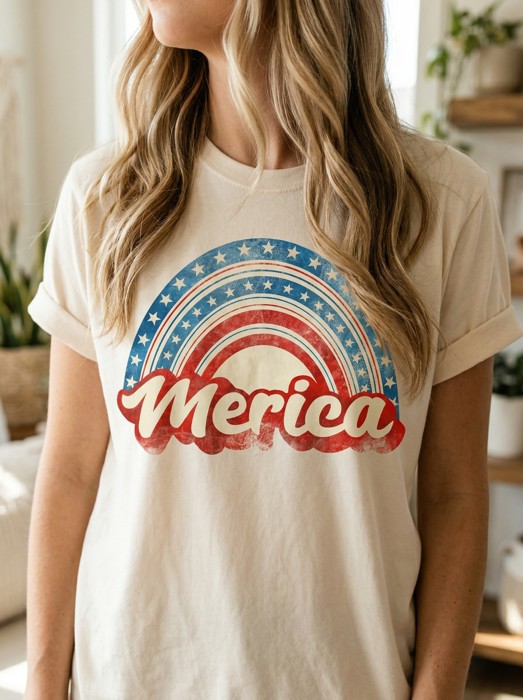 Merica Rainbow Graphic Tee, Fourth of July Shirt, Patriotic Rainbow Tee, USA Pride Outfit, Independence Day Shirt, Gift for Her, Summer Patriotic Shirt