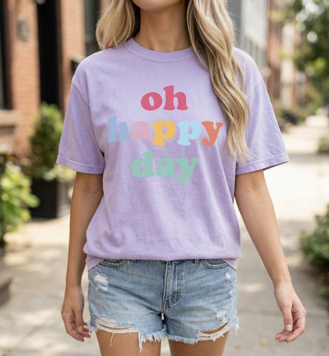 Oh Happy Day Graphic Tee, Positive Vibes Tee, Cute Gift for Her, Vibrant Women’s Shirt, Everyday Outfit, Bright and Cheerful Tee