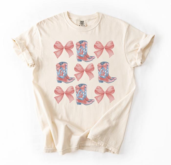 Cowboy Boots and Bows Graphic Tee, Cute Country Girl Tee, Gift for Her, Southern Girl Shirt, Coquette Women's Top, Cowgirl Rodeo Outfit, Western Tee