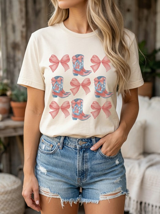 Cowboy Boots and Bows Graphic Tee, Cute Country Girl Tee, Gift for Her, Southern Girl Shirt, Coquette Women's Top, Cowgirl Rodeo Outfit, Western Tee