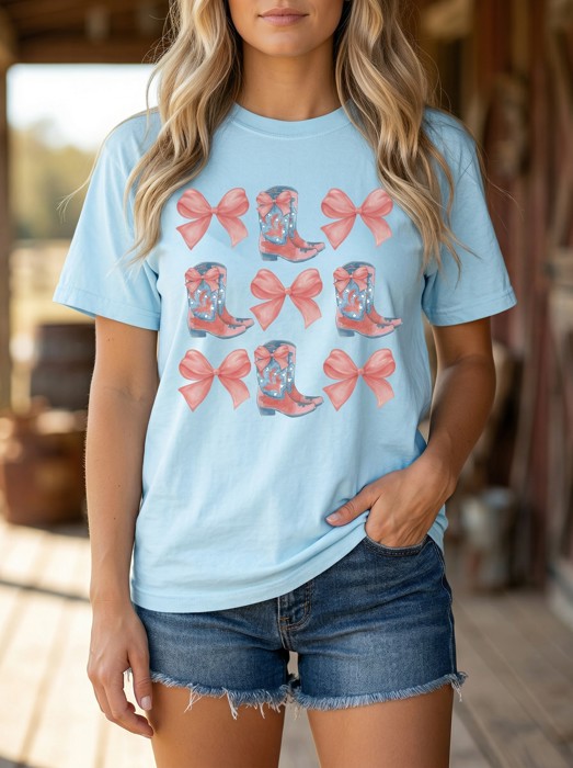 Cowboy Boots and Bows Graphic Tee, Cute Country Girl Tee, Gift for Her, Southern Girl Shirt, Coquette Women's Top, Cowgirl Rodeo Outfit, Western Tee