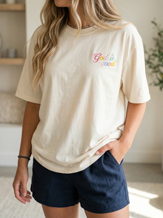 Embroidered God Is Good Pastel Graphic Tee, Minimal Rainbow Christian T-Shirt, Small Front Print Faith Shirt for Women, Comfort Colors Shirt