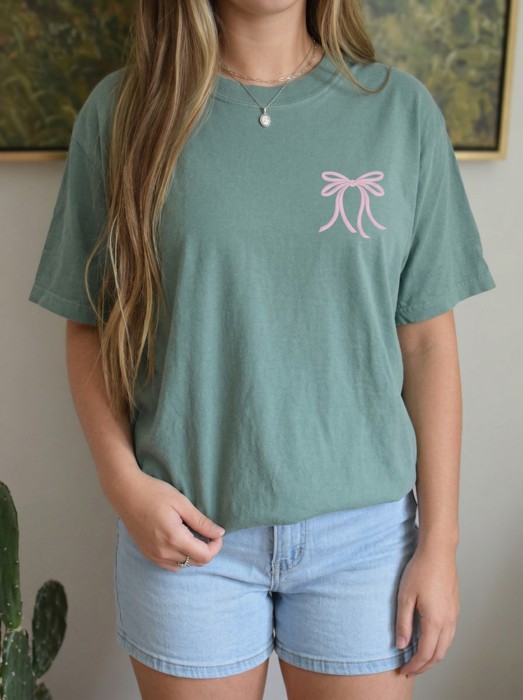 Embroidered Ribbon Bow, Coquette Bow Tee, Comfort Colors T-Shirts for Women, Trendy Bow Shirt Graphic Tee Cotton