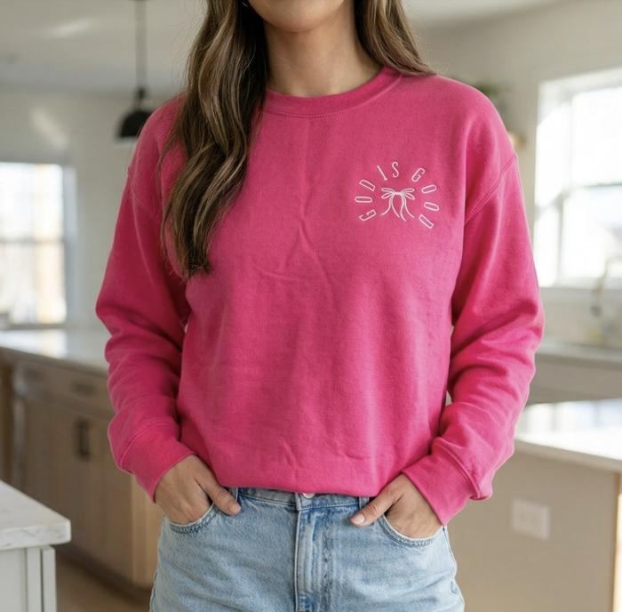 Embroidered God Is Good Sweatshirt – Minimalist Christian Crewneck with Bow Detail, Faith-Based Gift for Women