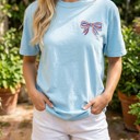  Embroidered Patriotic Bow Tee, USA Ribbon Shirt, Fourth of July Outfit, American Pride Top, Cute Summer Graphic Tee, Gift for Her