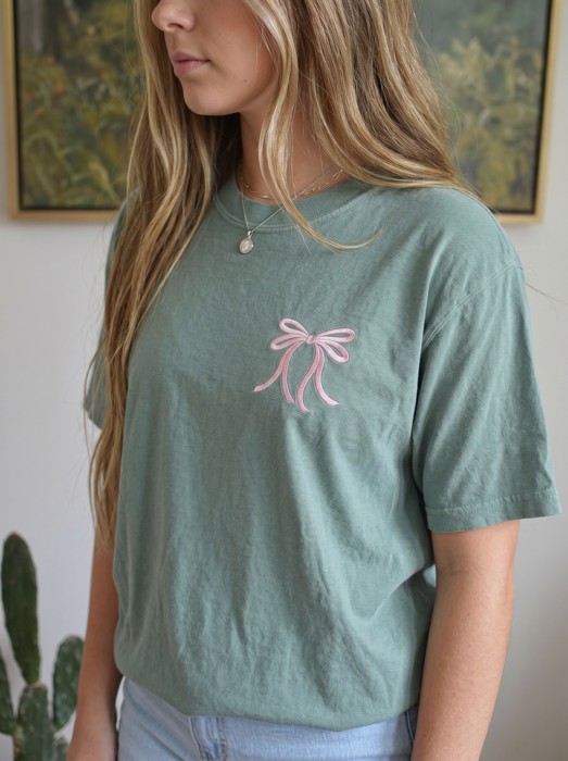 Embroidered Ribbon Bow, Coquette Bow Tee, Comfort Colors T-Shirts for Women, Trendy Bow Shirt Graphic Tee Cotton