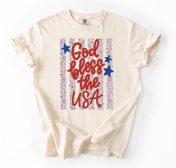 God Bless the USA Graphic Tee, 4th of July Shirt for Women, Patriotic Floral Tee, American Flag Shirt, Fourth of July Outfit, USA Comfort Colors Shirt, Patriotic Gift for Her, Memorial Day Tee