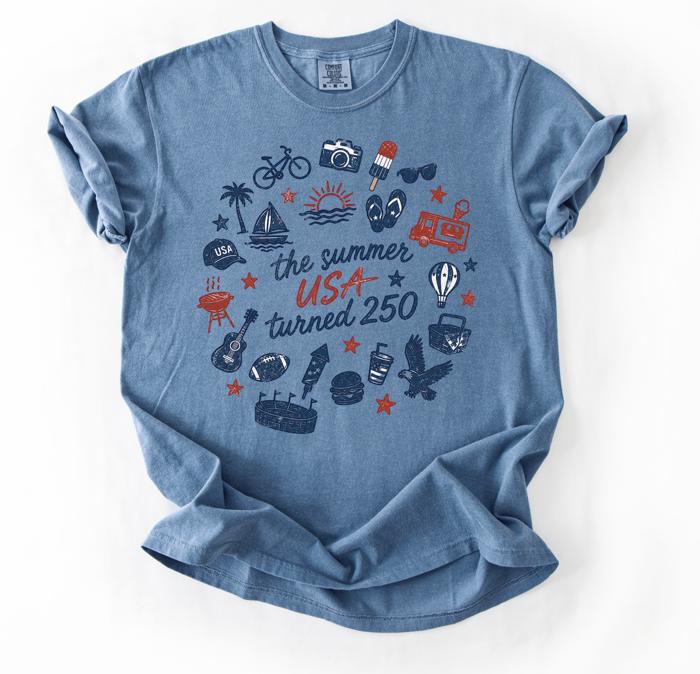 The Summer USA Turned 250 Graphic Tee, America 250th Anniversary Shirt, 4th of July Outfit for Women, Patriotic Summer Tee, USA Comfort Colors Shirt, Patriotic Gift for Her