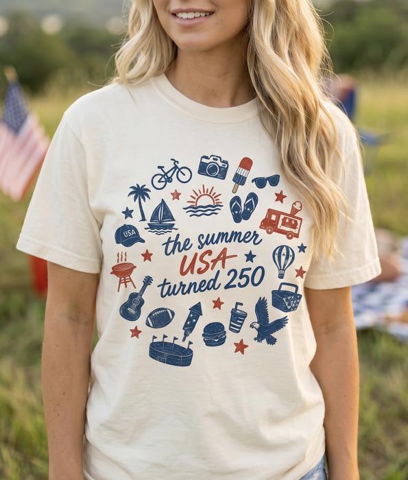 The Summer USA Turned 250 Graphic Tee, America 250th Anniversary Shirt, 4th of July Outfit for Women, Patriotic Summer Tee, USA Comfort Colors Shirt, Patriotic Gift for Her