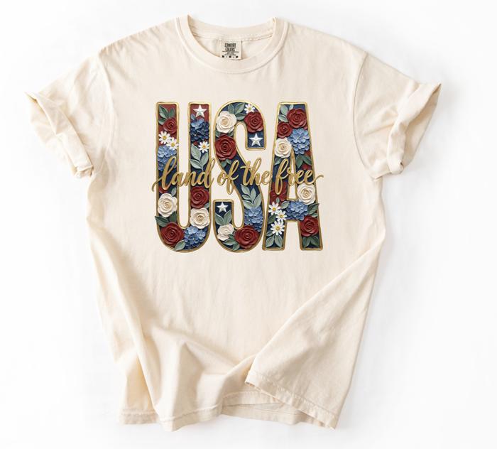 USA Gold Floral Land of the Free Graphic Tee, Patriotic Floral Shirt for Women, 4th of July Outfit, America Comfort Colors Tee, Patriotic Gift for Her