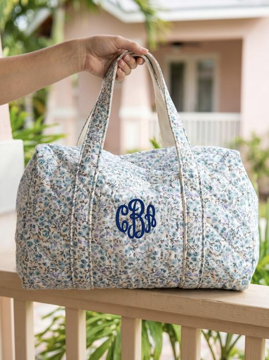 Embroidered Blue Mini Duffle Bag, Monogrammed Blue Quilted Tote Bag Floral, Bridesmaid Gift, Bridal Party Bag, Overnight Bag with Zipper, Gift for Her