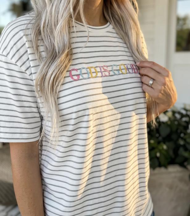 Rainbow God Is Good Embroidered LAT Striped Tee, Christian Graphic Shirt, Inspirational Faith Apparel, Worship Outfit, Christian Gift for Her, Church Outfit