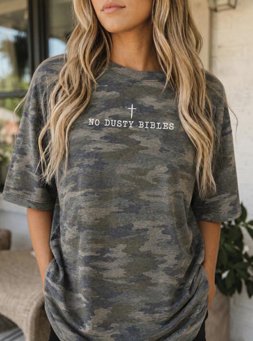 No Dusty Bibles LAT Camo Tee, Classic Green Camo Christian Graphic Shirt, Faith Inspired Apparel, Worship Outfit, Church Shirt, Christian Gift For Her, Bible Study Tee, Religious Clothing