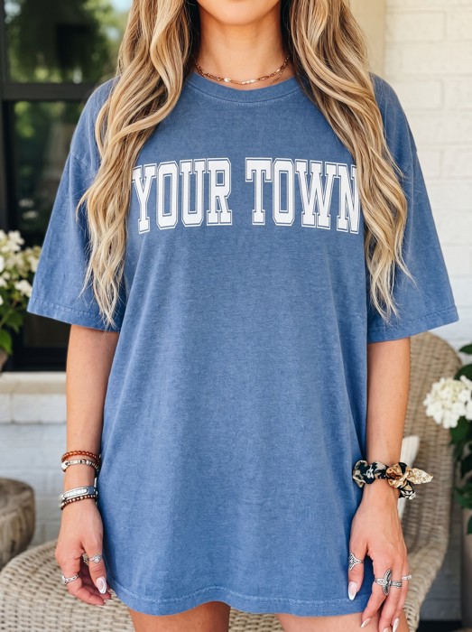 Custom Town Comfort Colors Tee, Personalized Hometown Shirt, Custom City Graphic Tee, Vintage College Style Shirt, Travel Outfit, Vacation Tee, Gift For Her, Custom Place Shirt, Gift For Her