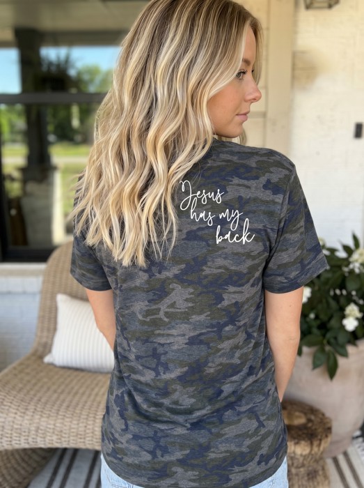 Jesus Has My Back LAT Dark Camo Tee, Christian Graphic Shirt, Faith Apparel, Inspirational Christian Tee, Worship Outfit, Gift For Her, Christian Clothing, Religious Shirt