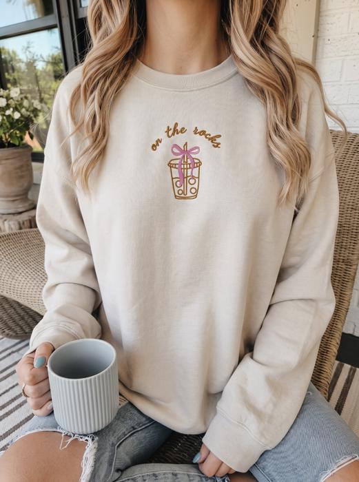 On The Rocks Embroidered Sweatshirt, Coffee Lover Crewneck, Coquette Bow Sweatshirt, Iced Coffee Gift, Cute Embroidered Sweatshirt, Coffee Girl Gift