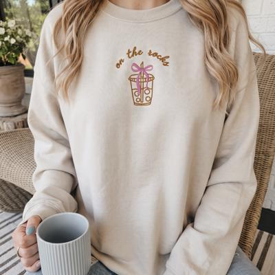 On The Rocks Embroidered Sweatshirt, Coffee Lover Crewneck, Coquette Bow Sweatshirt, Iced Coffee Gift, Cute Embroidered Sweatshirt, Coffee Girl Gift