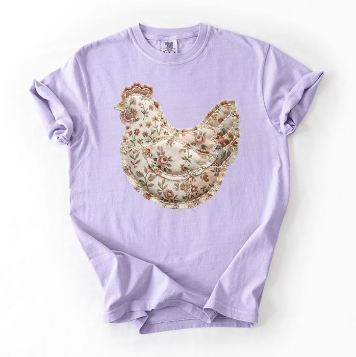 Floral Chicken Patchwork Comfort Colors Graphic Tee, Chicken Shirt, Farmhouse Shirt, Country Graphic Tee, Cottagecore Shirt, Farm Girl Outfit, Vintage Farm Tee