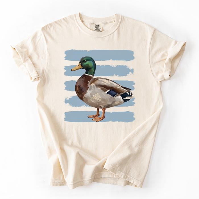 Mallard Duck Stripe Comfort Colors Tee, Vintage Duck Shirt, Blue Stripe Graphic Tee, Wildlife Shirt, Duck Lover Gift, Nature Tee, Outdoor Outfit