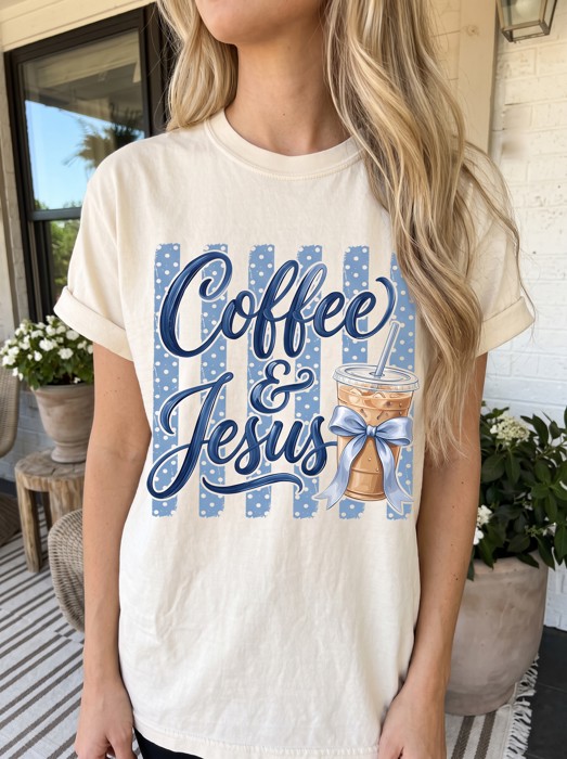 Coffee & Jesus Stripe Comfort Colors Graphic Tee, Christian Shirt, Coffee Lover Tee, Faith Shirt, Blue Bow Tee, Christian Gift, Cute Christian Outfit, Religious Tee