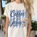  Coffee & Jesus Stripe Comfort Colors Graphic Tee, Christian Shirt, Coffee Lover Tee, Faith Shirt, Blue Bow Tee, Christian Gift, Cute Christian Outfit, Religious Tee