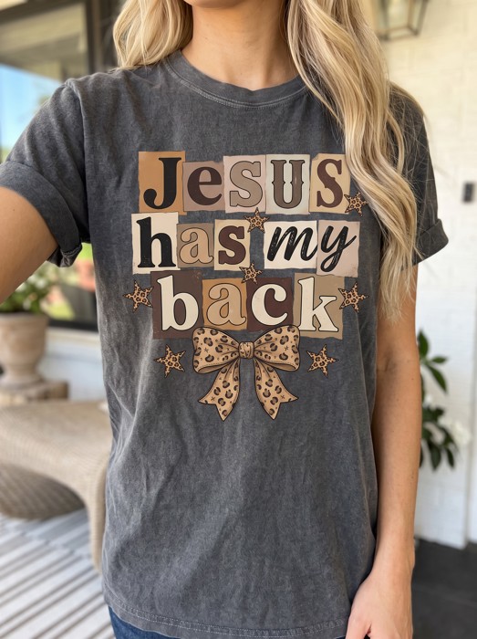 Jesus Has My Back Leopard Bow Comfort Colors Graphic Tee, Christian Shirt, Faith Tee, Religious Shirt, Cute Christian Outfit, Leopard Bow Tee, Letter Design Tee, Retro Typography Shirt