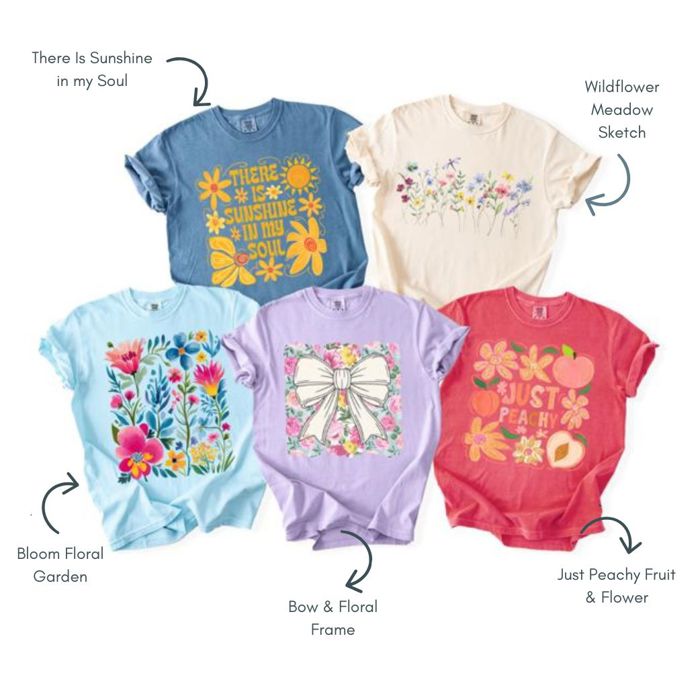 Spring & Summer Graphic Tees for Women, Floral, Peach, and Bow Comfort Colors Shirts, Garden and Sunshine Inspired T-Shirt, Trendy Bright & Cheerful Designs