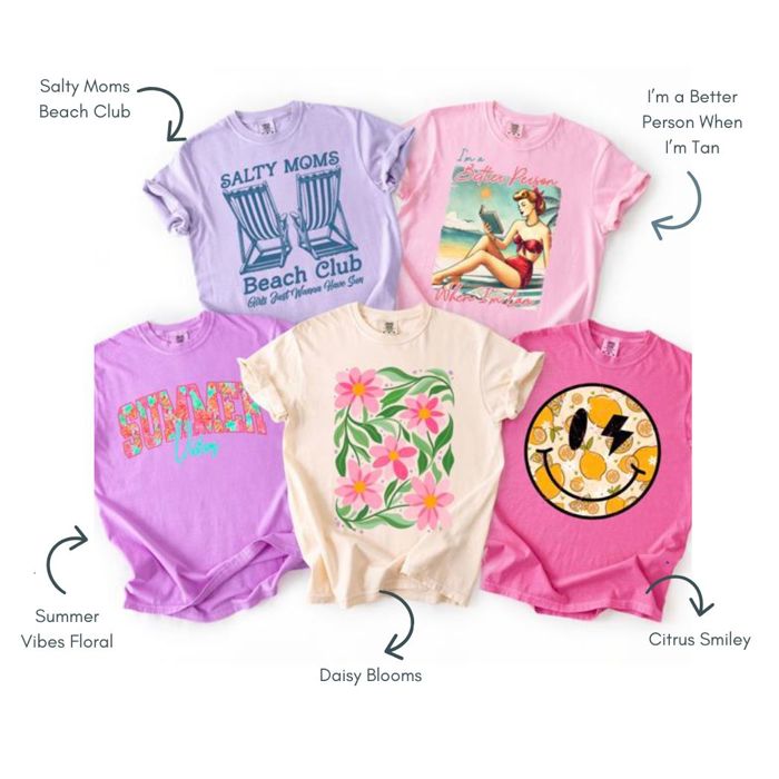 Summer Graphic Tees for Women Comfort Colors | Retro Beach Shirt, Floral Tee, Smiley Face, Summer Vibes, Salty Moms Club