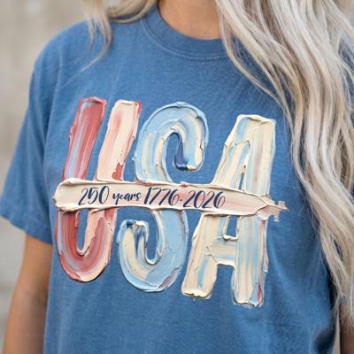 USA 250 Years 1776-2026 Faux Paint Texture Graphic Tee, America 250th Anniversary Shirt, 4th of July Outfit for Women, Patriotic Summer Tee, USA Comfort Colors Shirt
