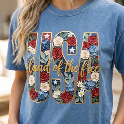USA Gold Floral Land of the Free Graphic Tee, Patriotic Floral Shirt for Women, 4th of July Outfit, America Comfort Colors Tee, Patriotic Gift for Her