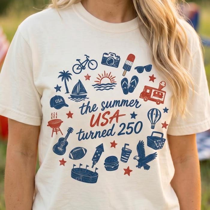 The Summer USA Turned 250 Graphic Tee, America 250th Anniversary Shirt, 4th of July Outfit for Women, Patriotic Summer Tee, USA Comfort Colors Shirt, Patriotic Gift for Her