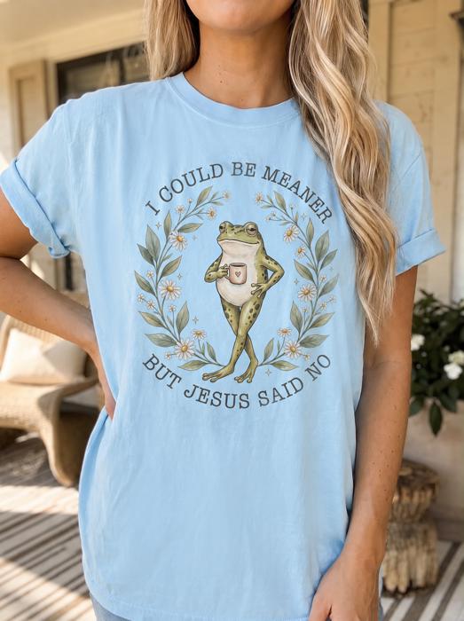 I Could be Meaner but Jesus said No Comfort Colors Tee, Funny Faith Based Frog Tee, Whimsical Christian Graphic, Cottagecore Animal Shirt, Cute Scripture Inspired Top, Christian Women’s Gift  