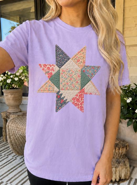Floral Starbust Faux Quilted Comfort Colors Tee, Vintage Inspired Patchwork Style Shirt, Colorful Geometric Flower Top, Cottagecore Casual Tee, Retro Boutique Shirt, Gift For Her