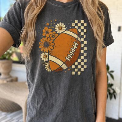 Floral Checkered Football Vintage Comfort Colors Tee, Retro Football Shirt, Fall Game Day Top, Sporty Daisy Graphic T Shirt, Autumn Casual Apparel, Game Day Outfit