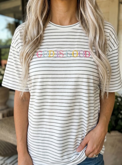 Rainbow God Is Good Embroidered LAT Striped Tee, Christian Graphic Shirt, Inspirational Faith Apparel, Worship Outfit, Christian Gift for Her, Church Outfit