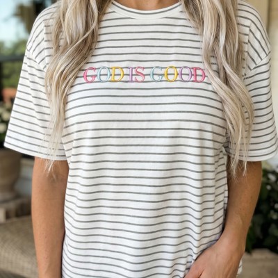 Rainbow God Is Good Embroidered LAT Striped Tee, Christian Graphic Shirt, Inspirational Faith Apparel, Worship Outfit, Christian Gift for Her, Church Outfit